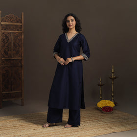 Blue - slub silk hand embroidered straight plain kurta 11