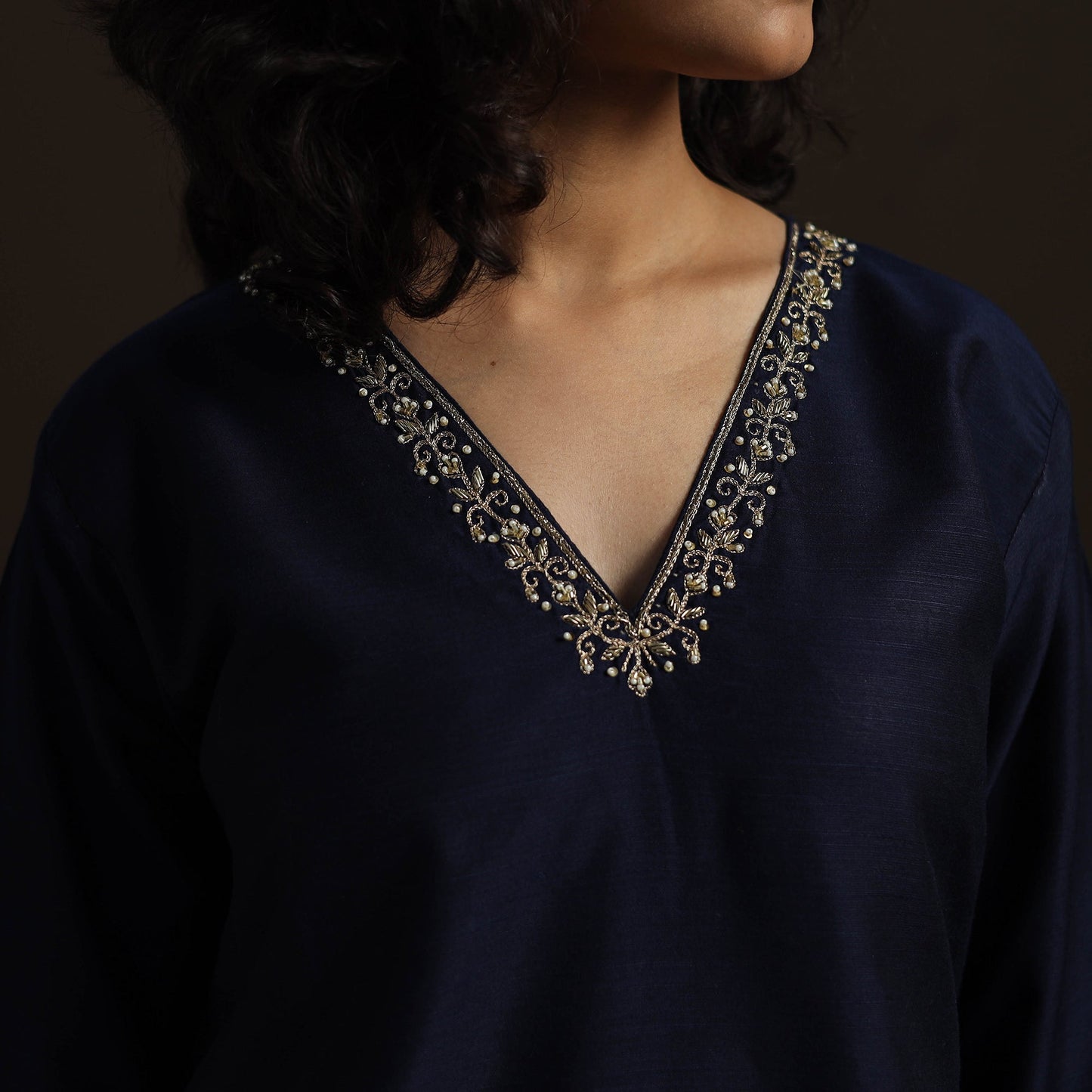 Blue - slub silk hand embroidered straight plain kurta 11