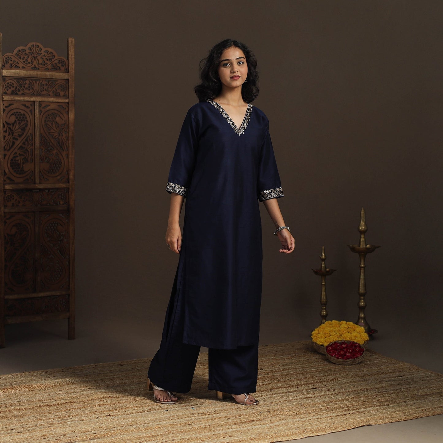 Blue - slub silk hand embroidered straight plain kurta 11