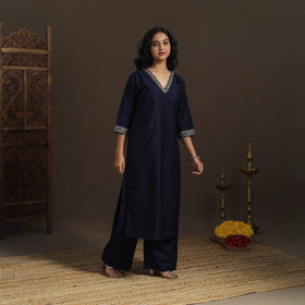 Blue - slub silk hand embroidered straight plain kurta 11