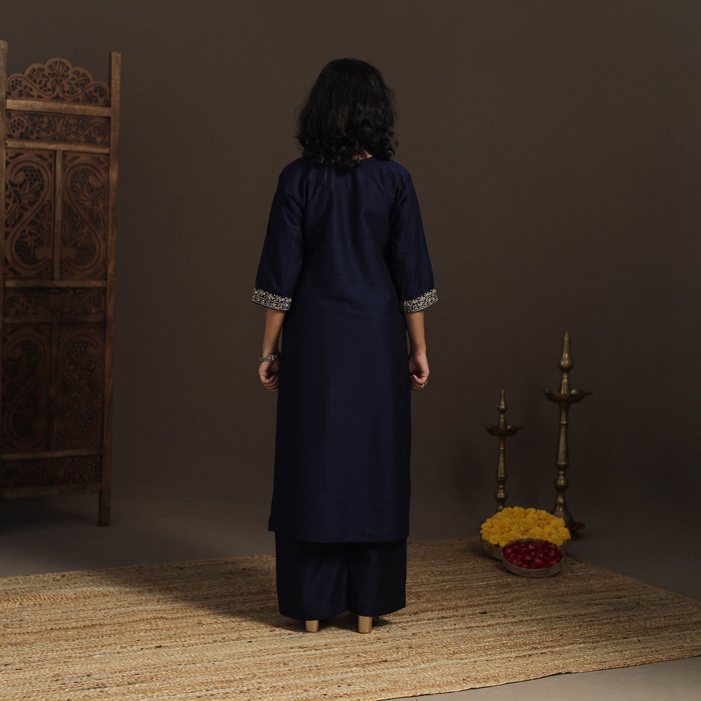 Blue - slub silk hand embroidered straight plain kurta 11