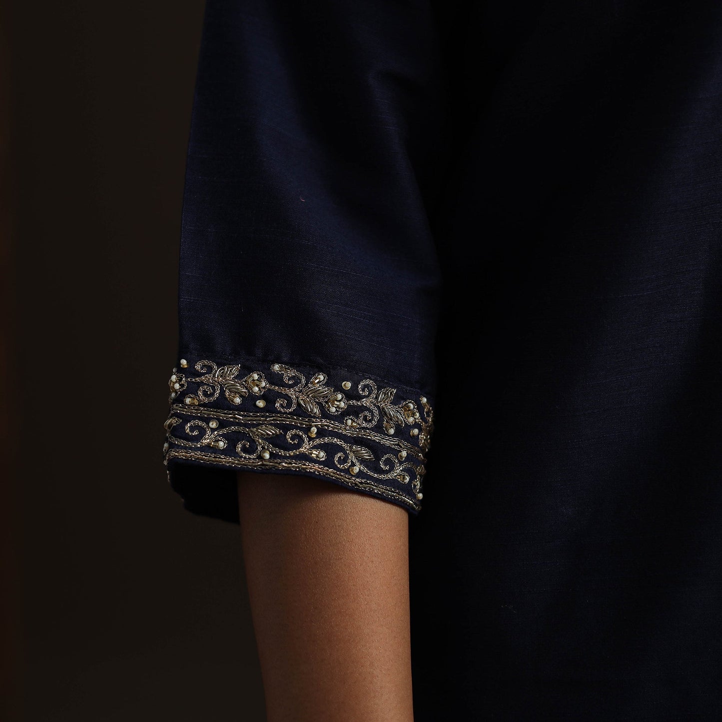 Blue - slub silk hand embroidered straight plain kurta 11
