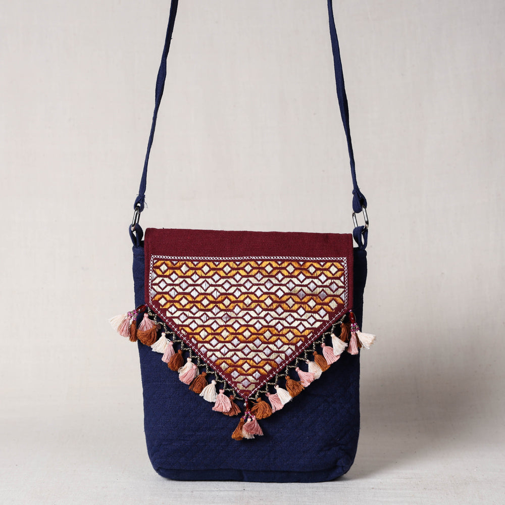 Blue Soof Stitch Embroidery Pure Handloom Sling Bag