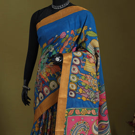 Blue - srikalahasti handpainted natural dyed bangalore silk
