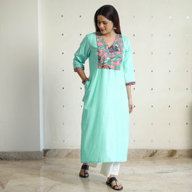 Blue - Srikalahasti Kalamkari Patchwork Plain Linen Cotton Long Straight Kurta 22