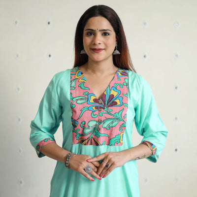 Blue - Srikalahasti Kalamkari Patchwork Plain Linen Cotton Long Straight Kurta 22