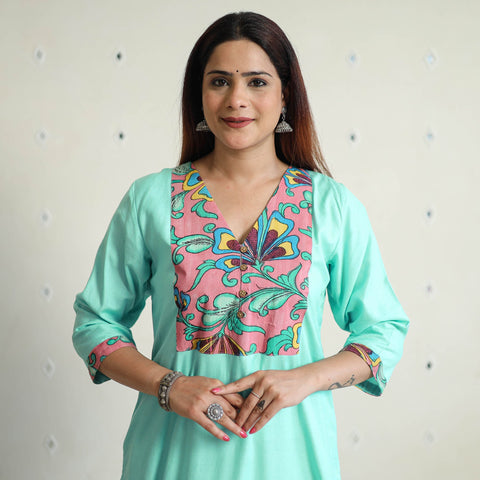 Blue - Srikalahasti Kalamkari Patchwork Plain Linen Cotton Long Straight Kurta 22