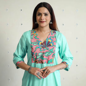 Blue - Srikalahasti Kalamkari Patchwork Plain Linen Cotton Long Straight Kurta 22