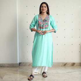 Blue - Srikalahasti Kalamkari Patchwork Plain Linen Cotton Long Straight Kurta 22