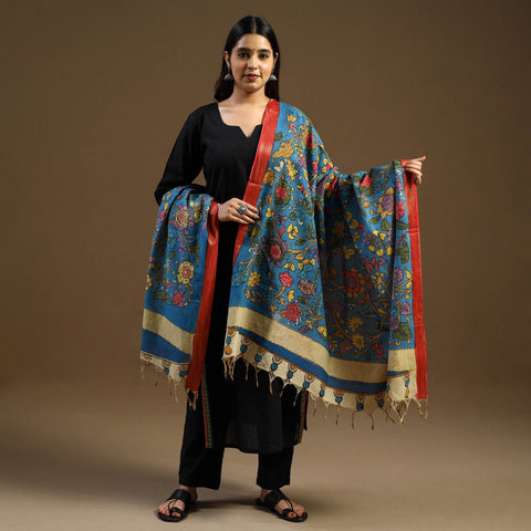 Blue Pen Work Mangalagiri Cotton Handpainted Kalamkari Dupatta