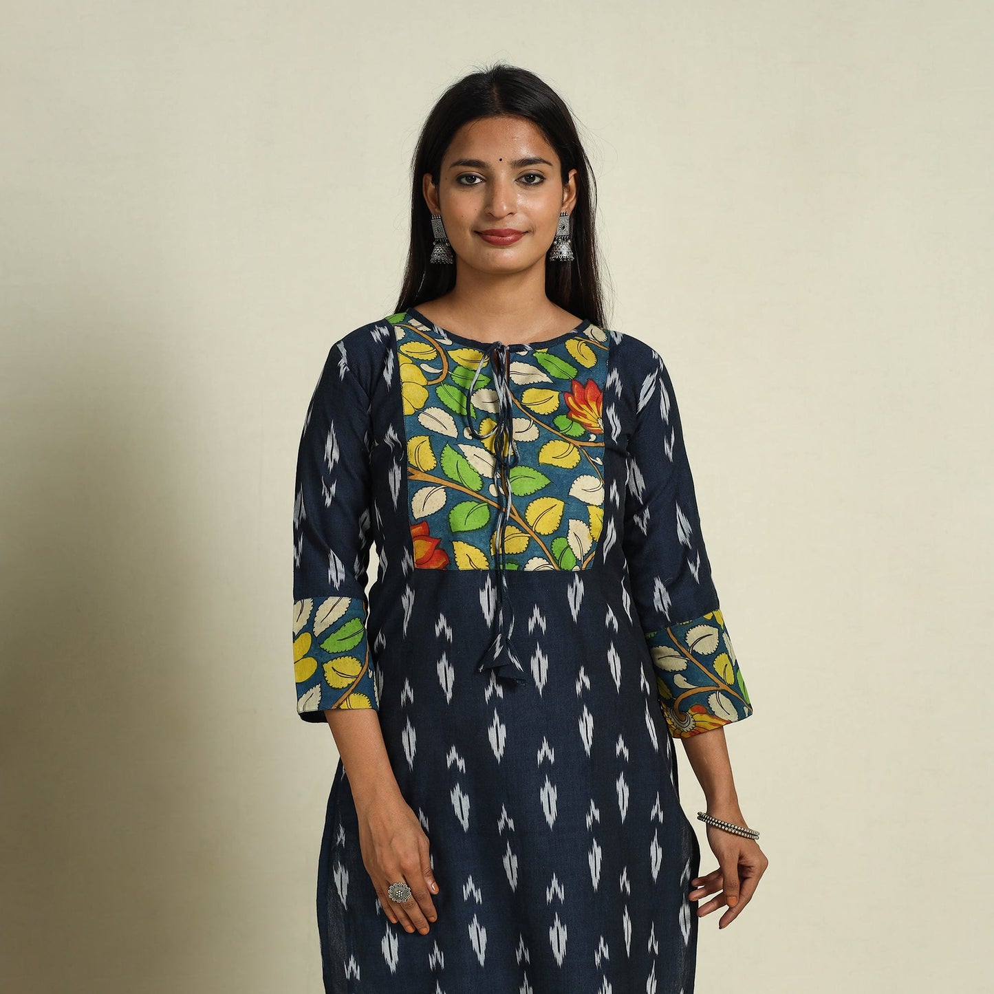 Blue Srikalahasti Mosaic Fusion Cotton Straight Ikat Kurta for Women