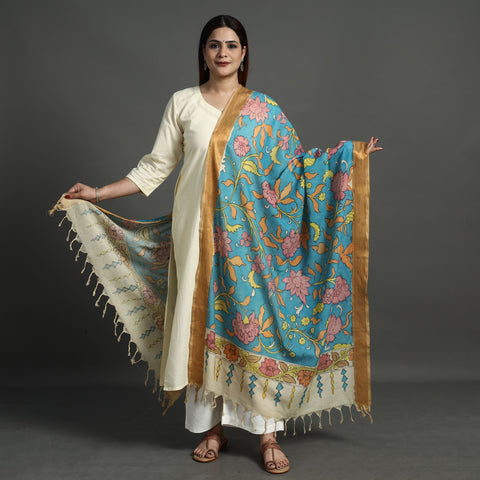 Blue Srikalahasti Pen Work Kalamkari Cotton Handpainted Dupatta 