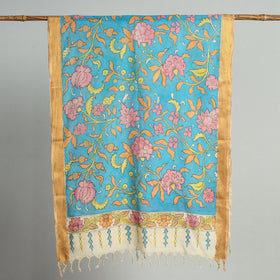 Blue Srikalahasti Pen Work Kalamkari Cotton Handpainted Dupatta 