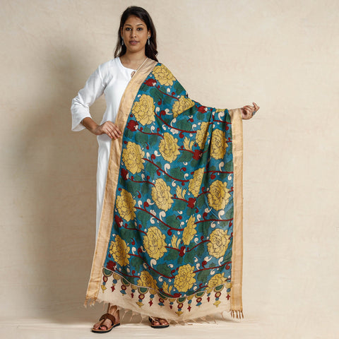 Buy Srikalahasti Pen Work Kalamkari Silk Cotton Handpainted Zari Border Dupatta Online at iTokri.com