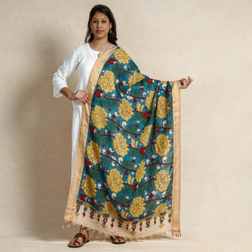 Buy Srikalahasti Pen Work Kalamkari Silk Cotton Handpainted Zari Border Dupatta Online at iTokri.com