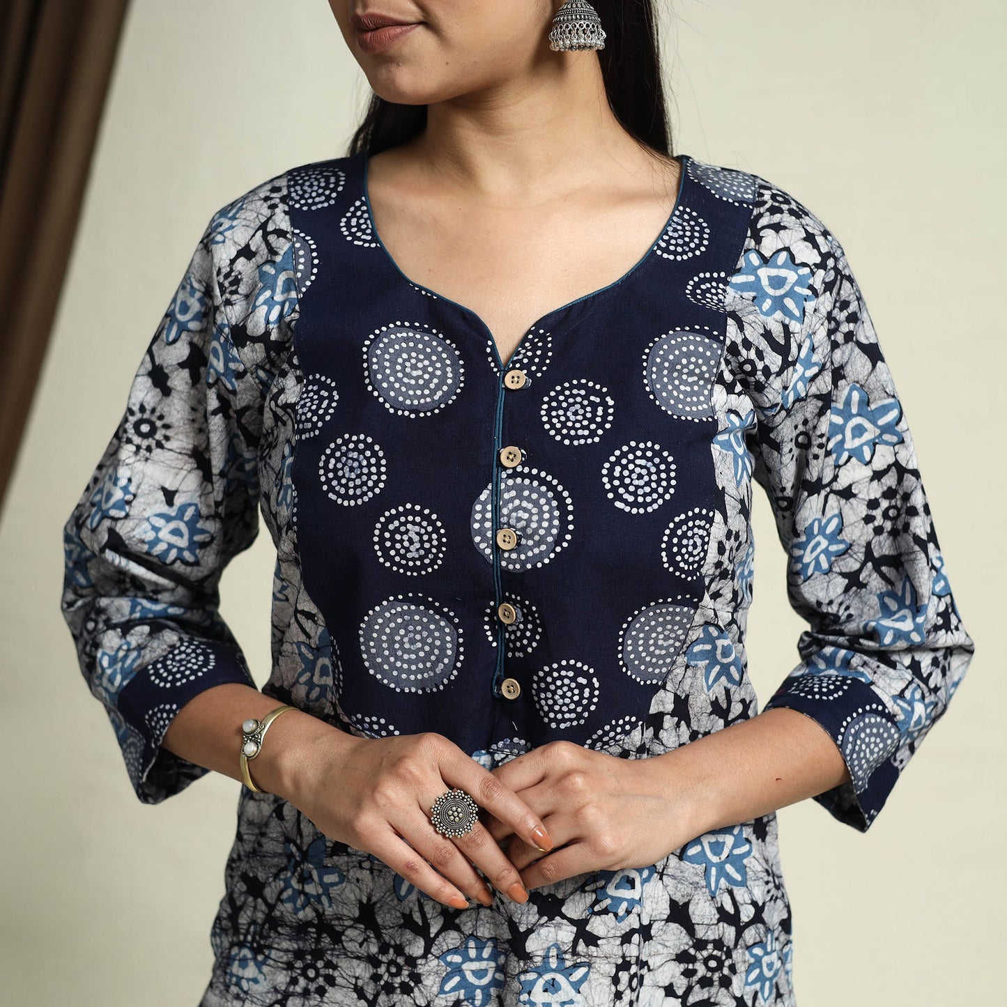  Blue Straight Batik Print Cotton Kurta for Women