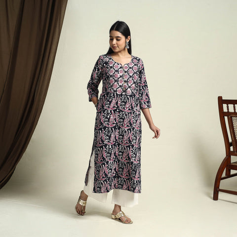  Blue Straight Batik Print Cotton Kurta for Women