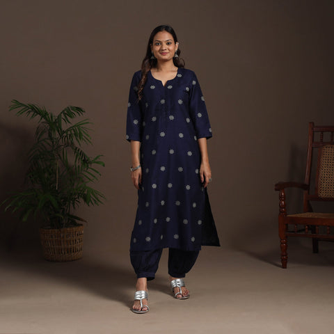 Blue - straight buti work spun dupion silk plain kurta set