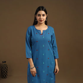 Blue Straight Cotton Jacquard Kurta for Women