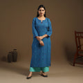Blue Straight Cotton Jacquard Kurta for Women