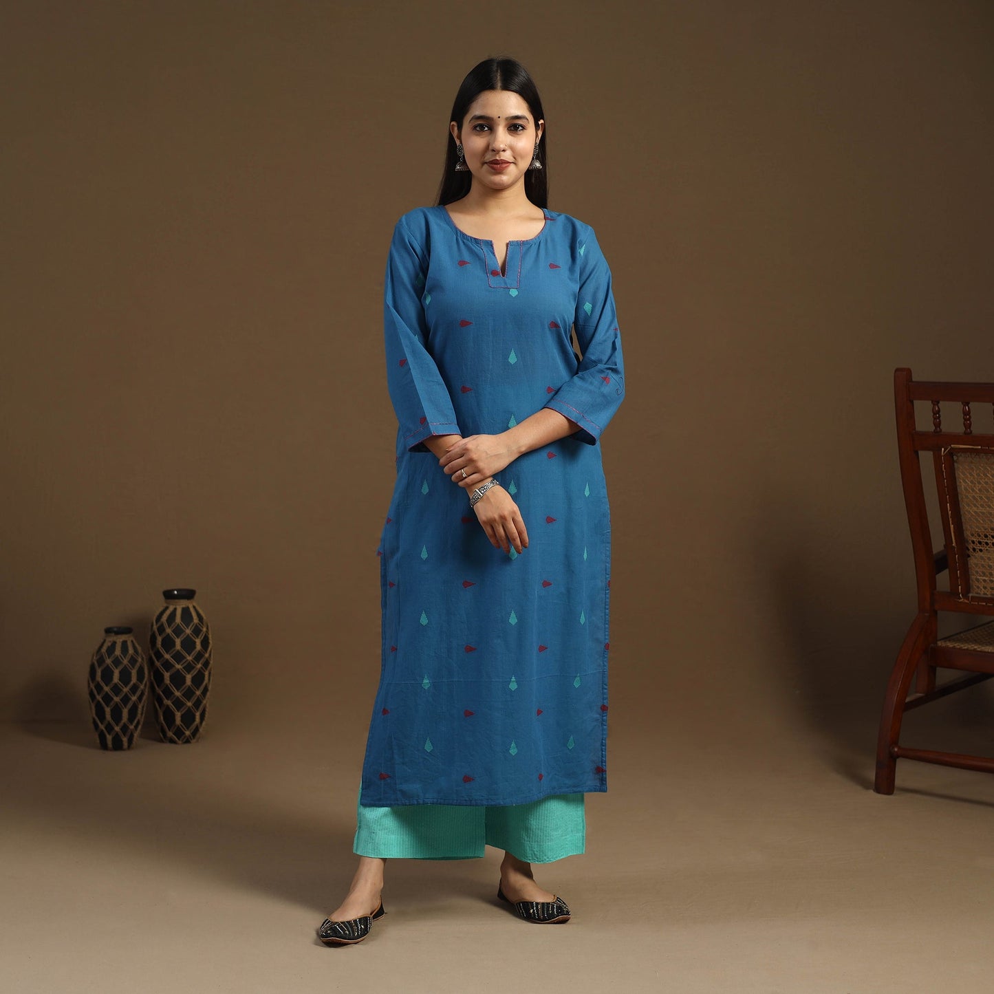Blue Straight Cotton Jacquard Kurta for Women