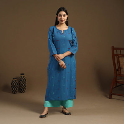 Blue Straight Cotton Jacquard Kurta for Women