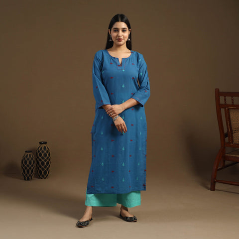 Blue Straight Cotton Jacquard Kurta for Women