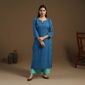 Blue Straight Cotton Jacquard Kurta for Women