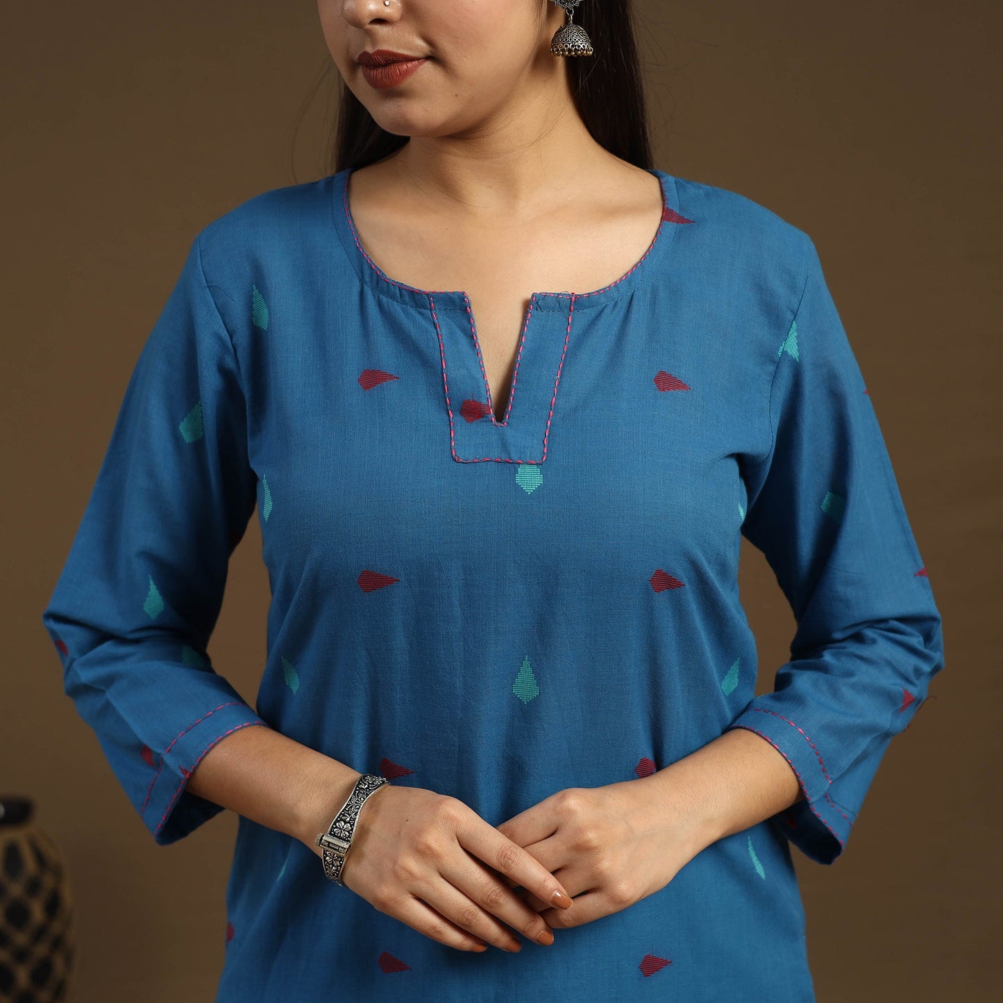 Blue Straight Cotton Jacquard Kurta for Women