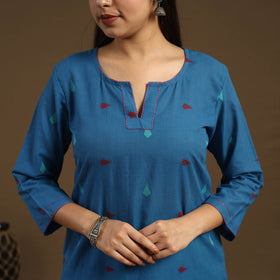 Blue Straight Cotton Jacquard Kurta for Women