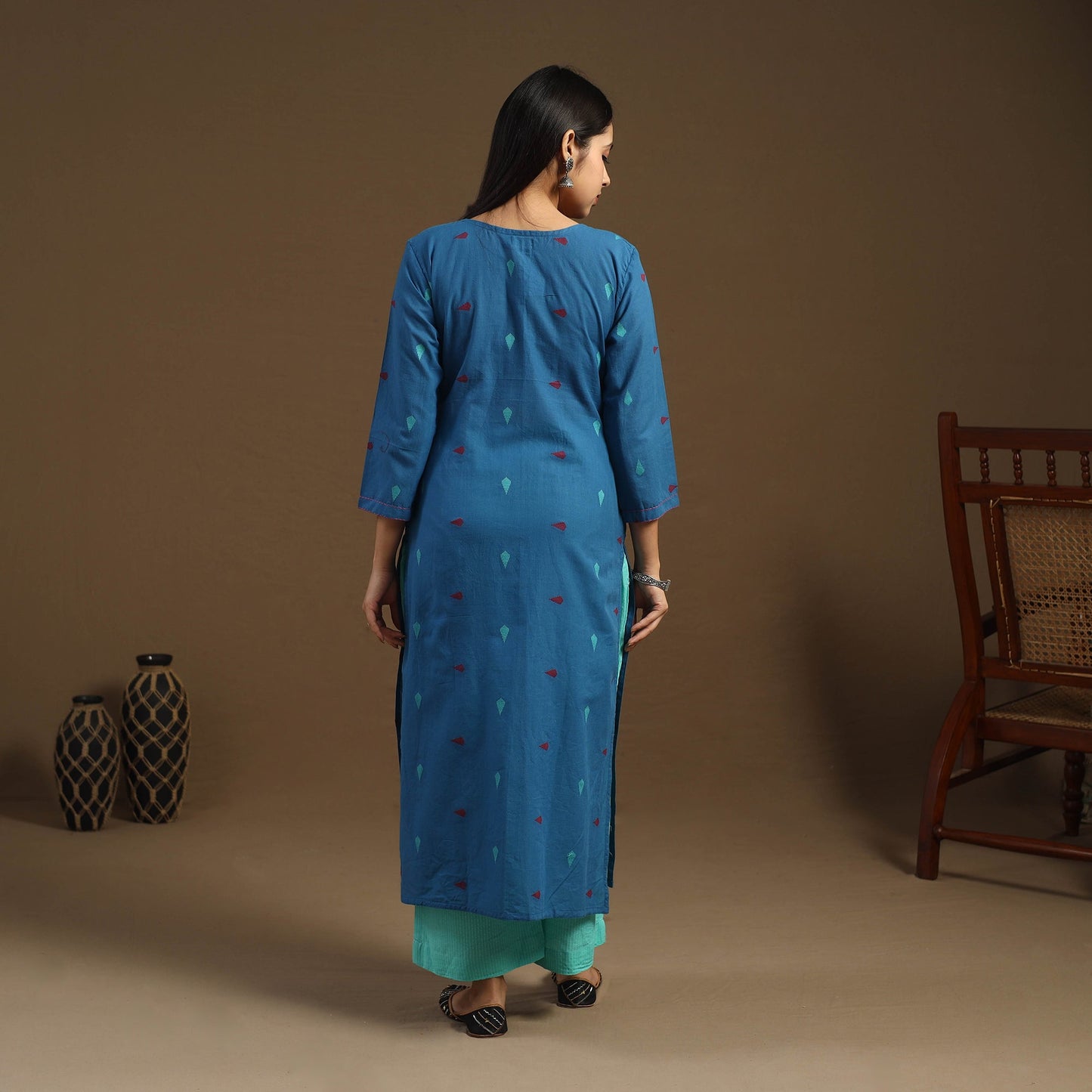 Blue Straight Cotton Jacquard Kurta for Women