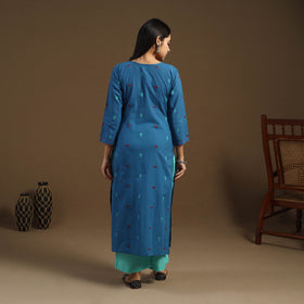 Blue Straight Cotton Jacquard Kurta for Women