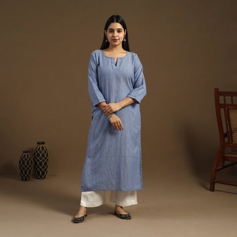 Blue Straight Cotton Jacquard Kurta for Women