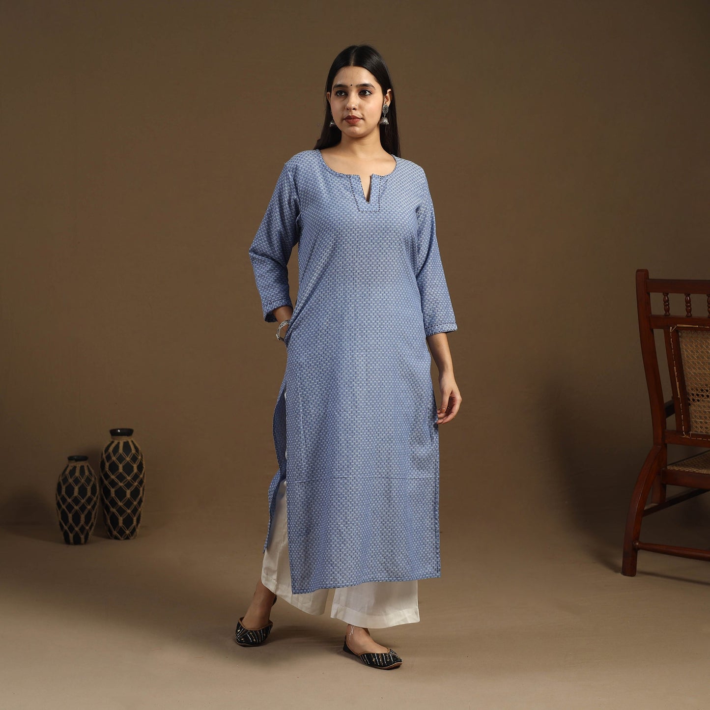 Blue Straight Cotton Jacquard Kurta for Women