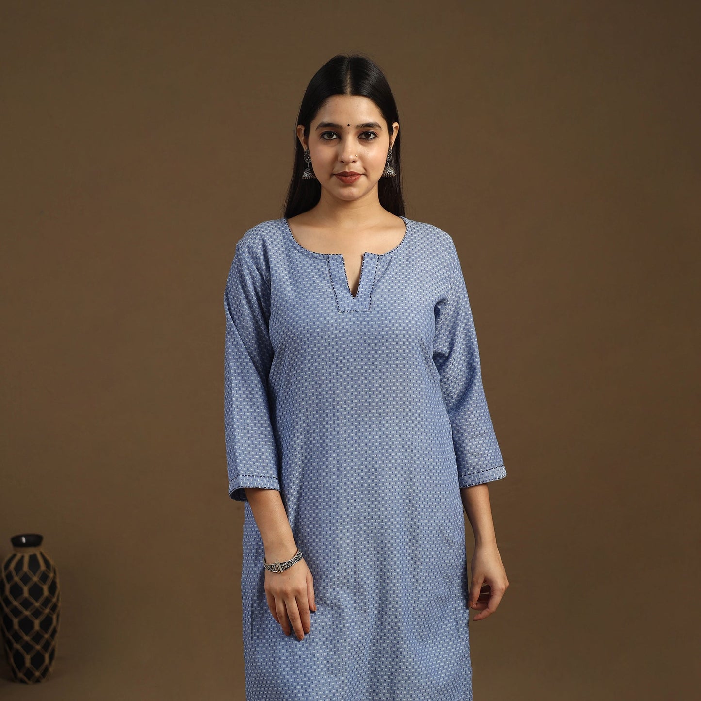 Blue Straight Cotton Jacquard Kurta for Women