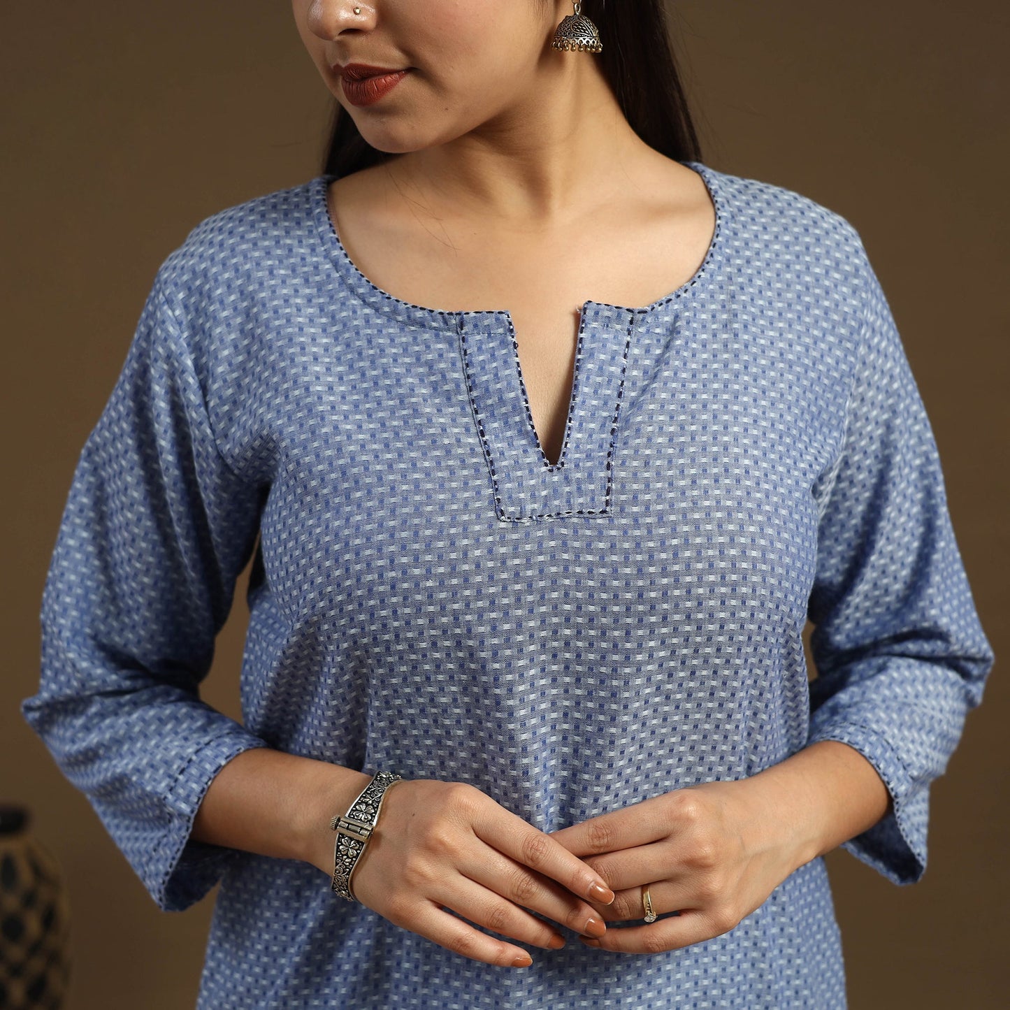 Blue Straight Cotton Jacquard Kurta for Women
