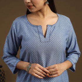 Blue Straight Cotton Jacquard Kurta for Women