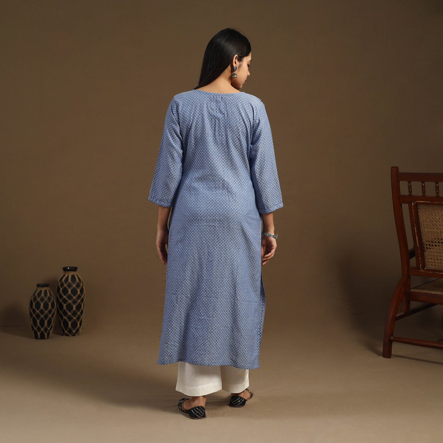 Blue Straight Cotton Jacquard Kurta for Women