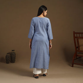 Blue Straight Cotton Jacquard Kurta for Women