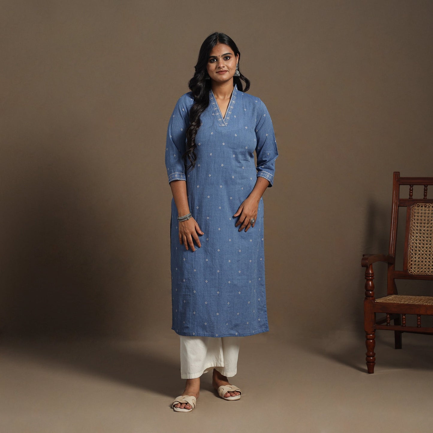 Blue Straight Cotton Jacquard Kurta