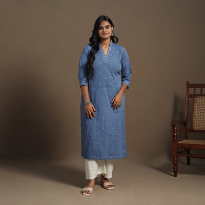 Blue Straight Cotton Jacquard Kurta