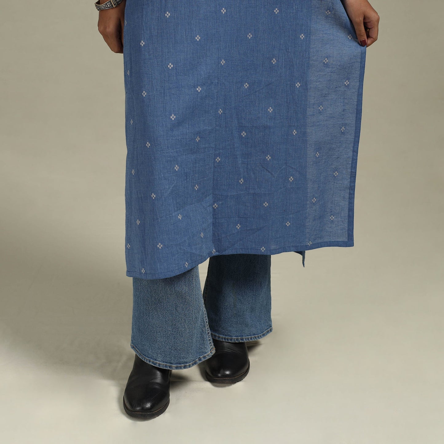 Blue - straight cotton jacquard kurta 10 - handcrafted