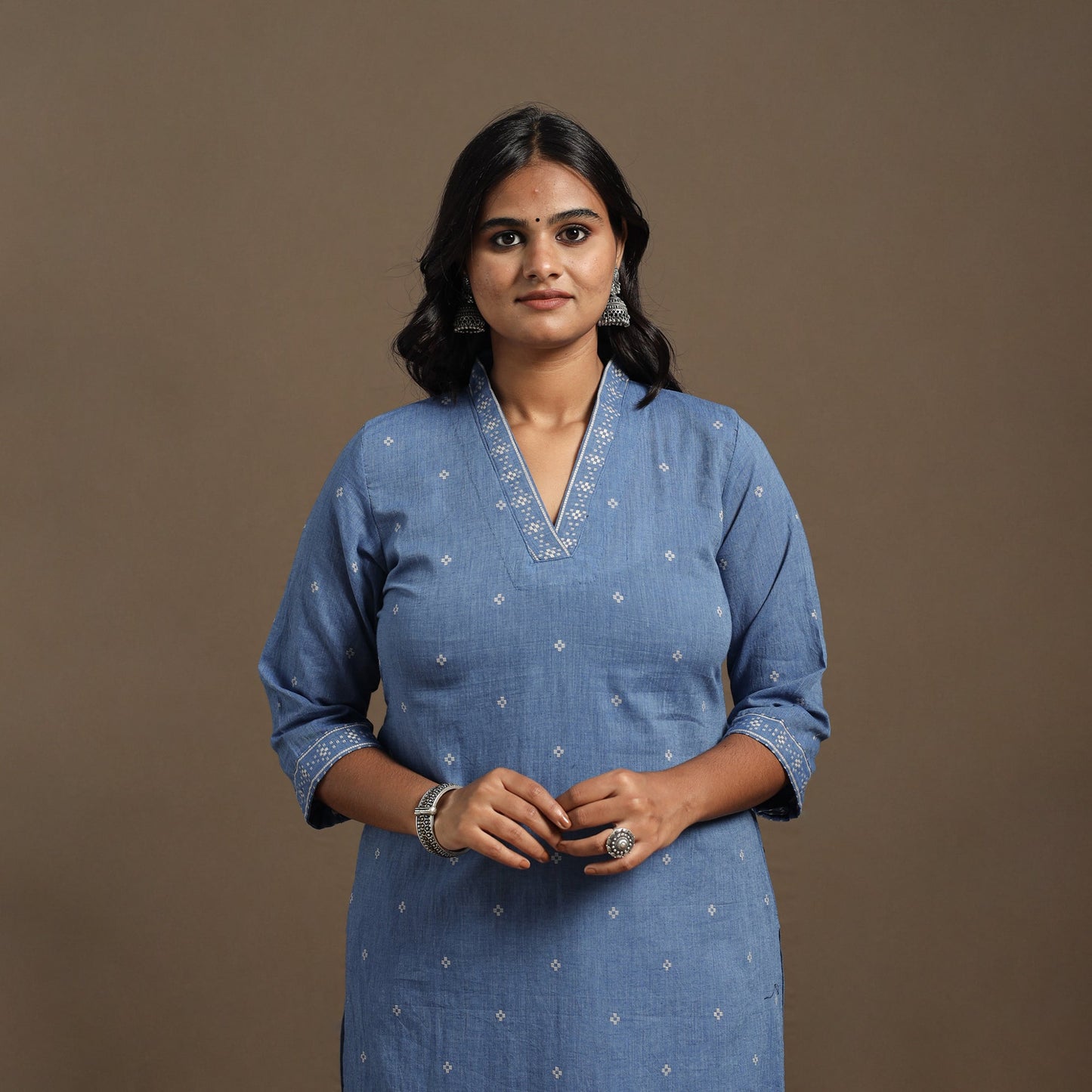 Blue Straight Cotton Jacquard Kurta