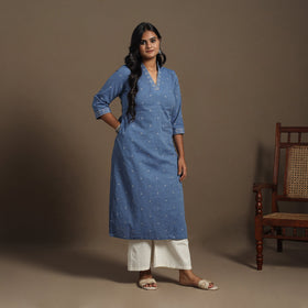 Blue Straight Cotton Jacquard Kurta