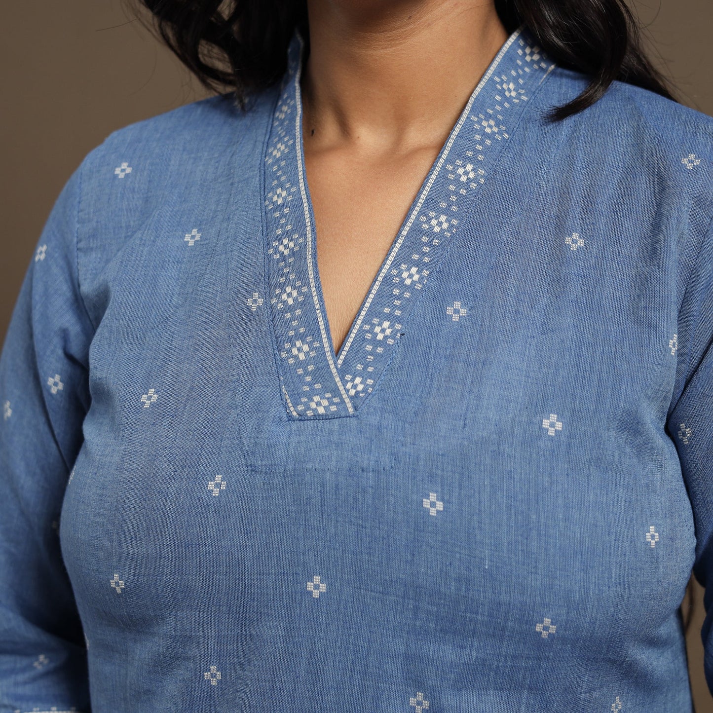 Blue Straight Cotton Jacquard Kurta