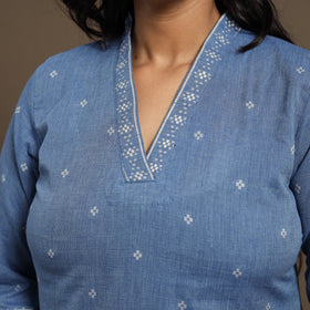 Blue Straight Cotton Jacquard Kurta