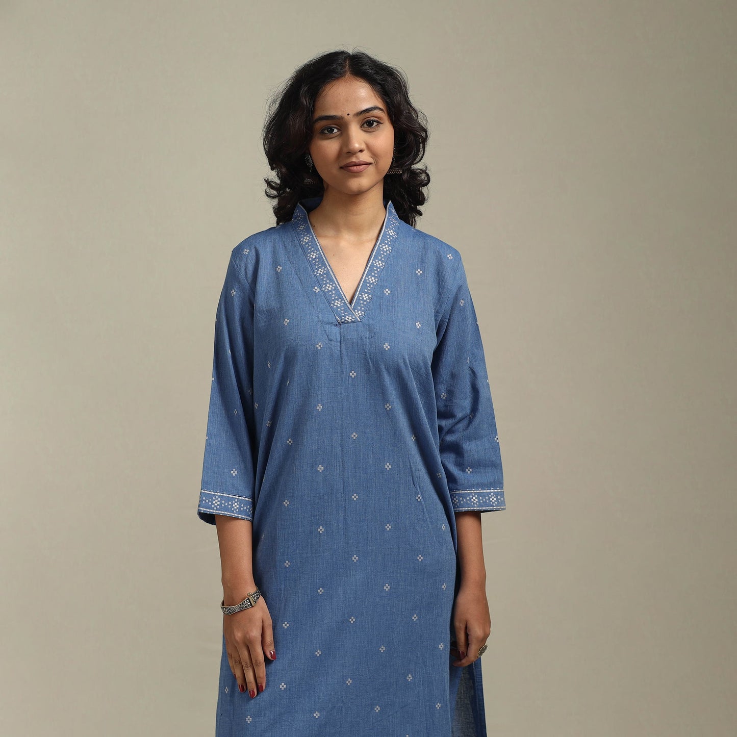 Blue - straight cotton jacquard kurta 10 - handcrafted
