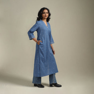 Blue - straight cotton jacquard kurta 10 - handcrafted