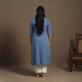 Blue Straight Cotton Jacquard Kurta
