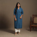 Blue Straight Cotton Jacquard Kurta